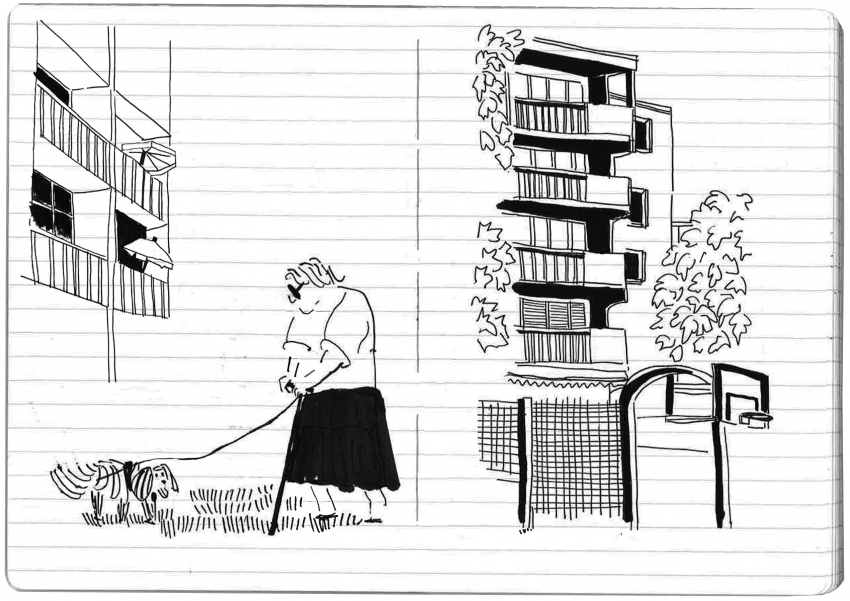 Illustration feutre et encre de Chine représentant un dame se promenant avec son chien dans le quartier Bel Air à Saint-Priest